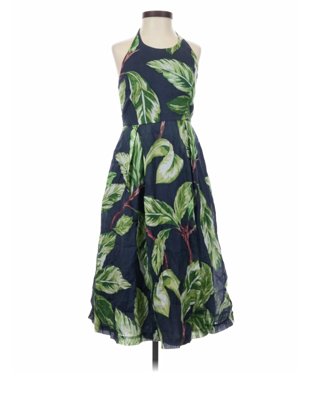 Ann Taylor Navy Halter Midi Dress with Green Leaf Print